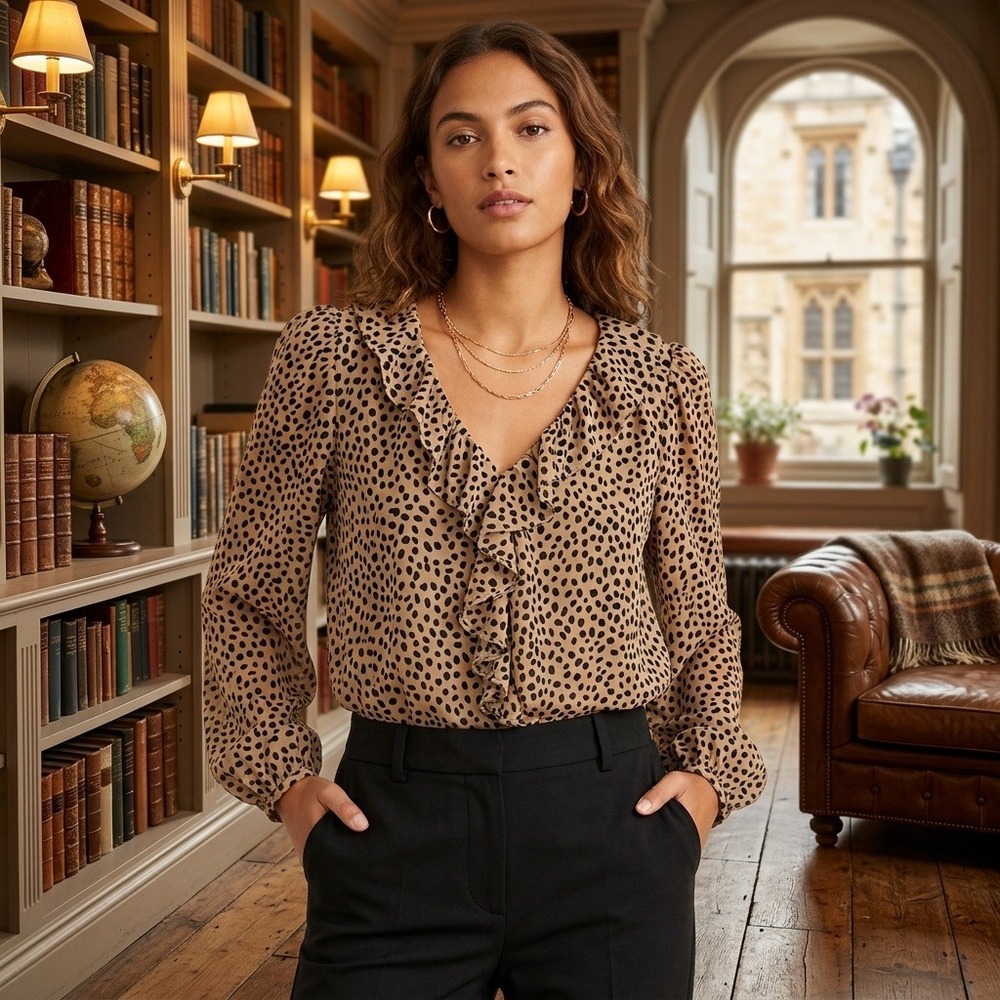 Mob Wife Preppy J Crew Tan Leopard Cheetah Dot Ruffle Chiffon Blouse Top Size XL
